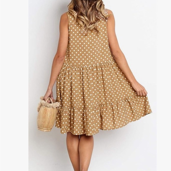Pretty little polka dot dress in light blue model wearing camel Amazon purchase - Picture 7 of 7
